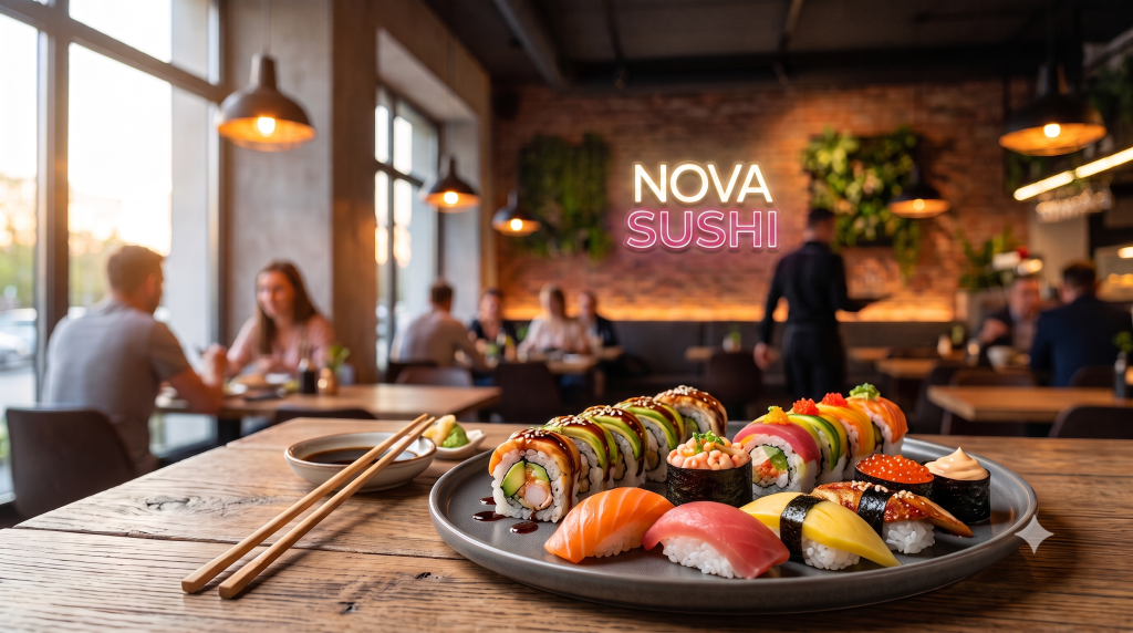 Wnętrze restauracji Nova Sushi — talerz z zestawem rollów i nigiri na drewnianym stole, w tle goście przy stolikach i neon Nova Sushi na ceglanej ścianie