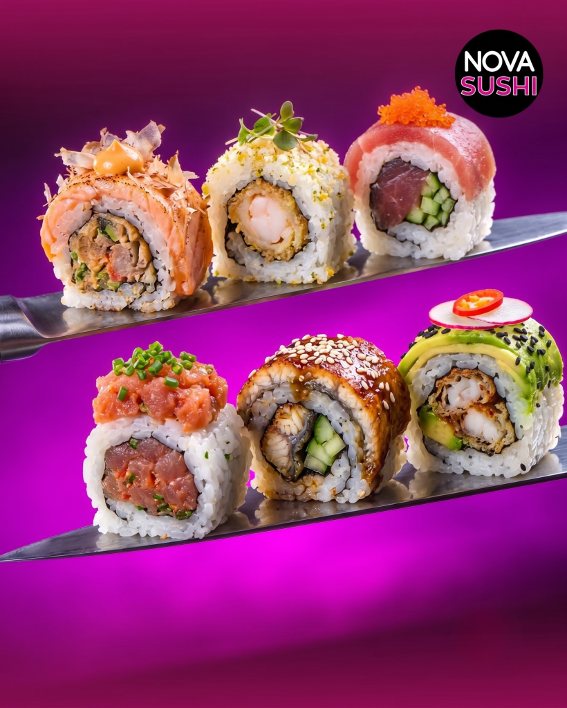 Sześć rollów Nova Sushi na ostrzach noży — z łososiem, krewetką w tempurze, tuńczykiem, węgorzem i awokado