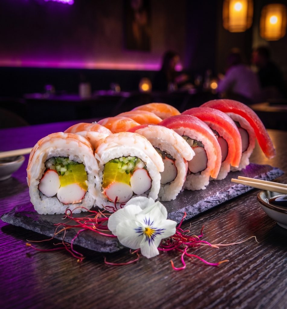Rolki z krewetką, łososiem i tuńczykiem na kamiennej płycie we wnętrzu lokalu Nova Sushi
