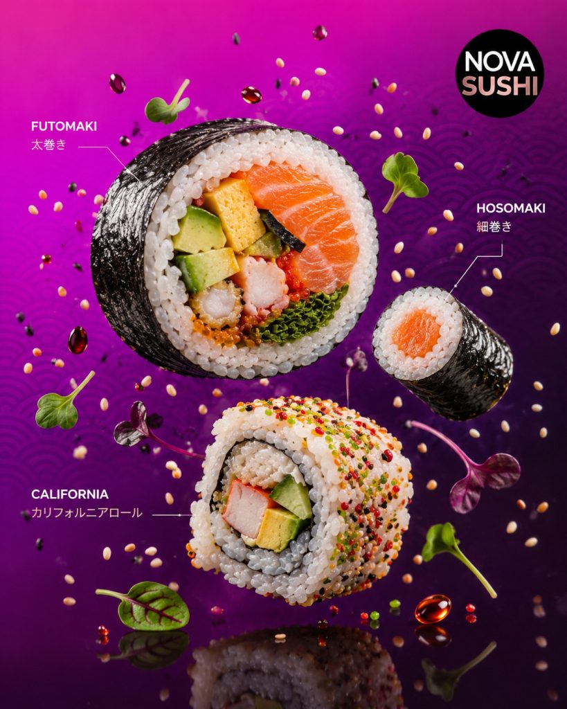Trzy rodzaje rolek sushi z podpisami: duże futomaki w nori, małe hosomaki z łososiem i california ryżem na zewnątrz, obsypana tobiko.