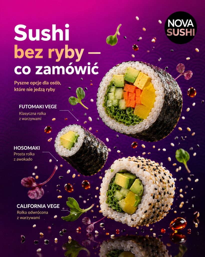 Trzy wegetariańskie rolki sushi z podpisami: futomaki vege z warzywami, hosomaki z awokado i california vege w sezamie.