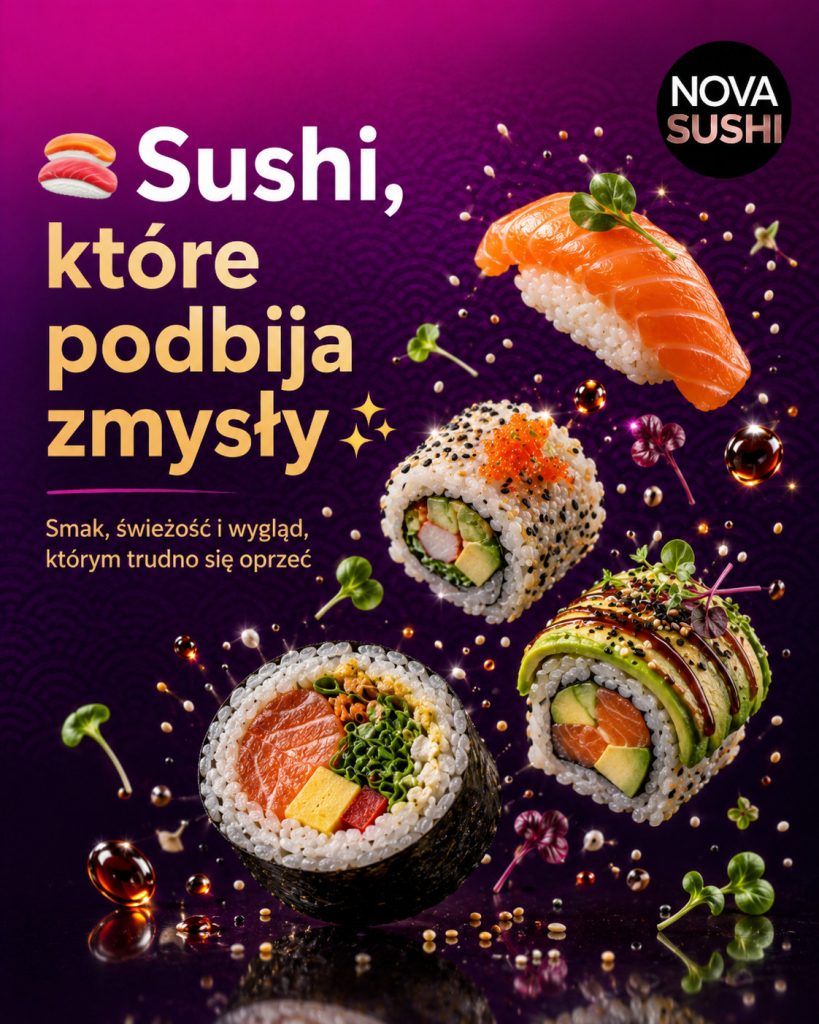 Nigiri z łososiem i trzy rolki sushi w locie na fioletowym tle, z mikroliśćmi, sezamem i kroplami sosu teriyaki.