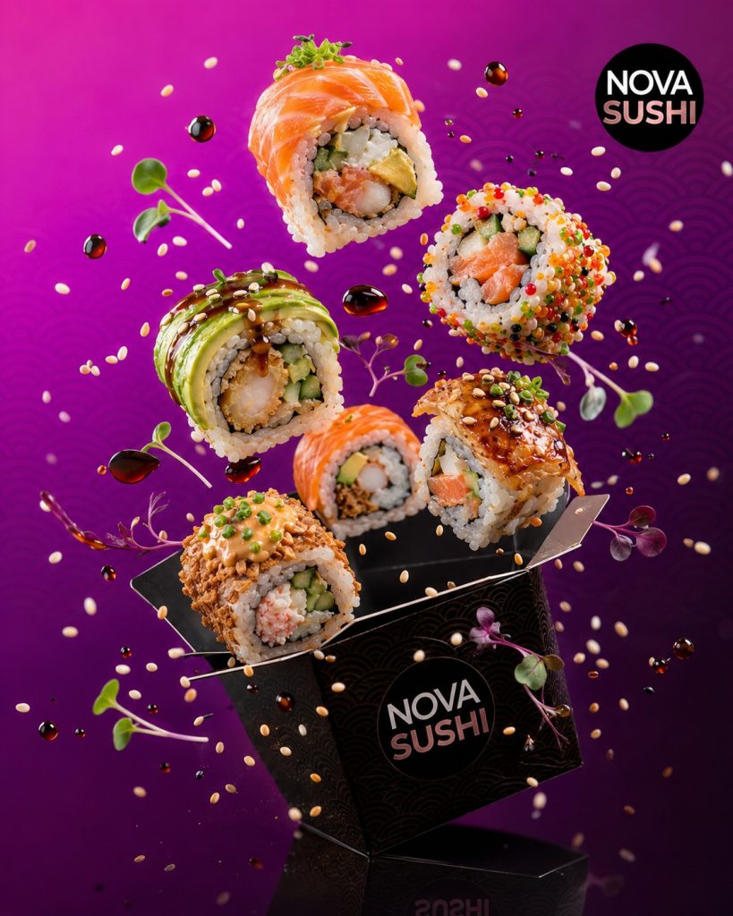 Rolki sushi Nova Sushi wylatujące z czarnego pudełka na wynos, na fioletowym tle z sezamem i kroplami sosu.