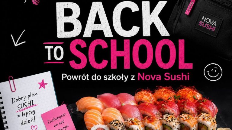 Grafika kampanii Back to School — napis BACK TO SCHOOL, zeszyt z notatką i taca sushi Nova Sushi