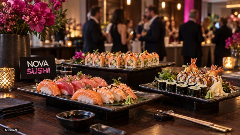 Wieczorne przyjęcie z tacami sushi Nova Sushi: nigiri, rolki california i futomaki w tempurze — wizualizacja wygenerowana przez AI