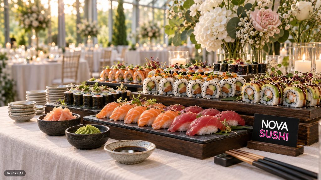 Weselny stół z sushi Nova Sushi: rolki, nigiri z łososiem i tuńczykiem, kwiaty i świece — wizualizacja wygenerowana przez AI