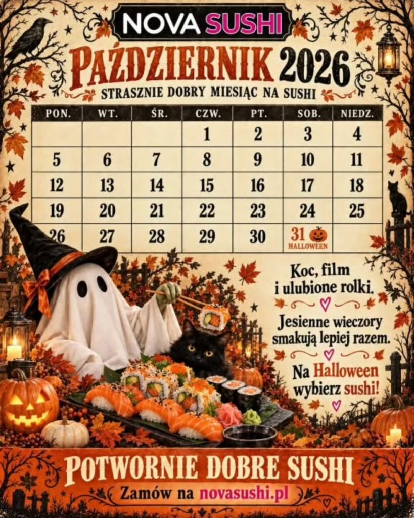 Kalendarz Nova Sushi na październik 2026 z Halloween 31 października — duszek z pałeczkami, czarny kot i taca sushi