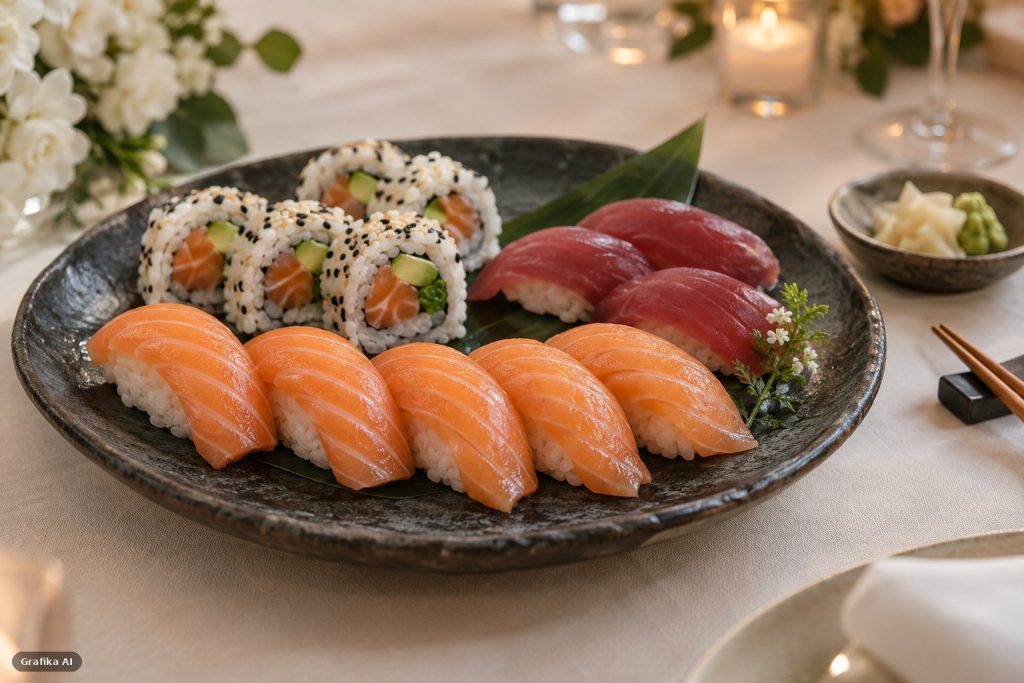 Talerz sushi: nigiri z łososiem i tuńczykiem oraz rolki z łososiem i awokado — wizualizacja wygenerowana przez AI